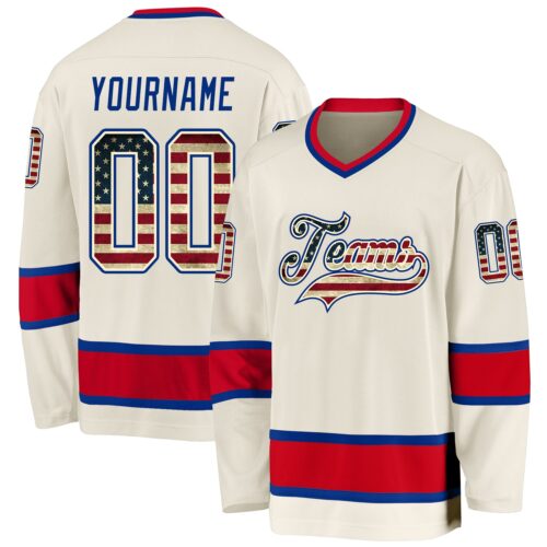 Cream0291 Custom Cream Vintage USA Flag Royal-Red Hockey Jersey