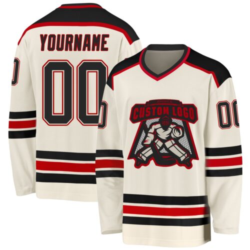 Cream0296 Custom Cream Black-Red Hockey Jersey