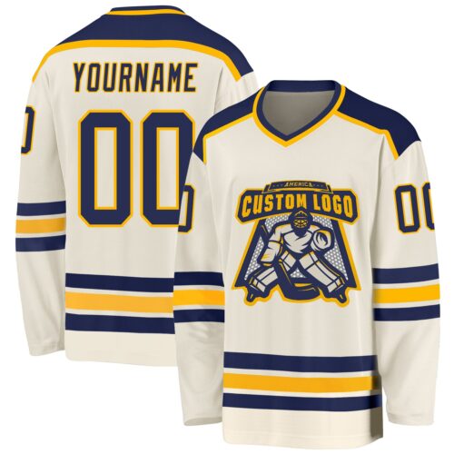Cream0300 Custom Cream Navy-Gold Hockey Jersey