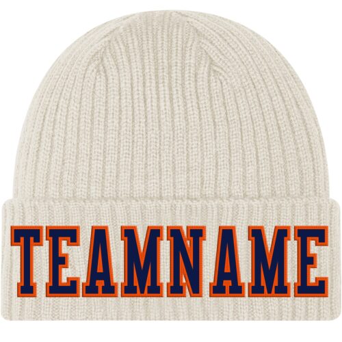 Cream0317 Custom Cream Navy-Orange Stitched Cuffed Knit Hat