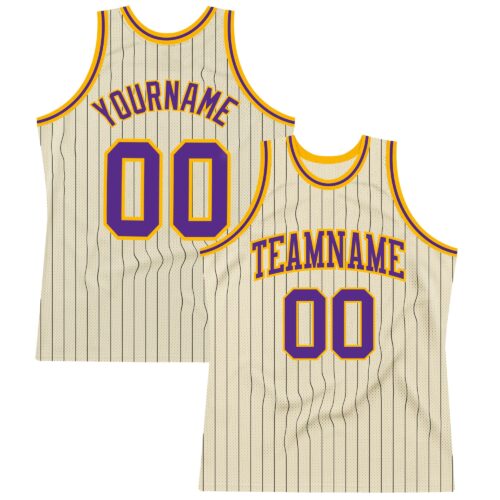 Cream0419 Custom Cream Black Pinstripe Purple-Gold Authentic Basketball Jersey