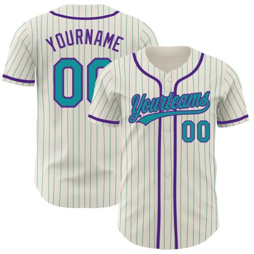 Cream0459 Custom Cream Teal Pinstripe Purple Authentic Baseball Jersey