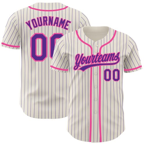 Cream0463 Custom Cream Purple Pinstripe Pink Authentic Baseball Jersey