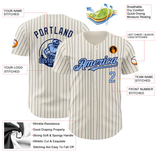 Custom Cream Navy Pinstripe Light Blue Authentic Baseball Jersey
