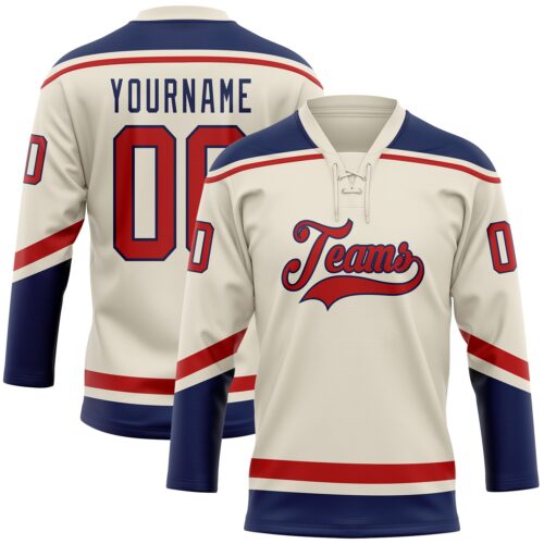 Cream0550 Custom Cream Red-Navy Hockey Lace Neck Jersey