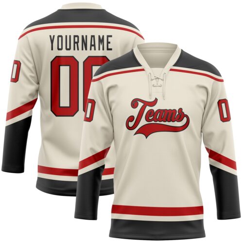 Cream0551 Custom Cream Red-Black Hockey Lace Neck Jersey