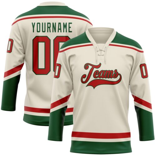 Cream0566 Custom Cream Red-Green Hockey Lace Neck Jersey