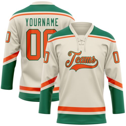 Cream0573 Custom Cream Orange-Kelly Green Hockey Lace Neck Jersey