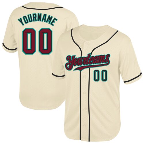 Cream0712 Custom Cream Crimson Black-Aqua Mesh Authentic Throwback Baseball Jersey