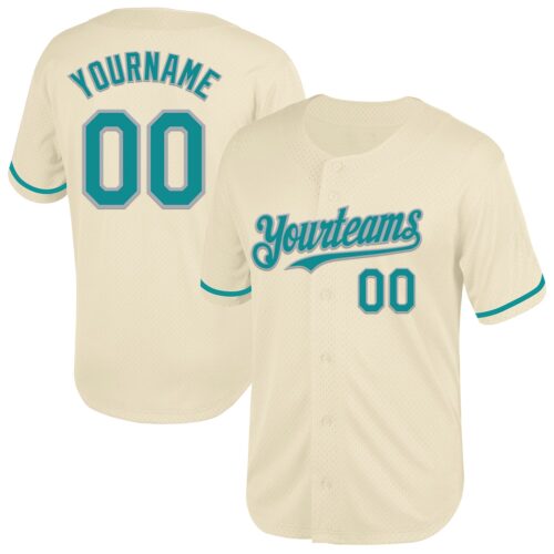 Cream0728 Custom Cream Teal-Gray Mesh Authentic Throwback Baseball Jersey