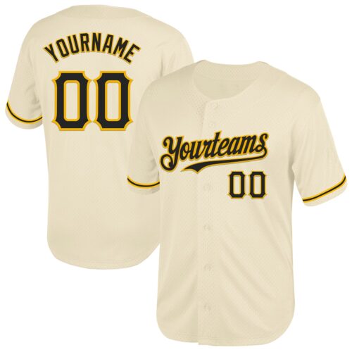 Custom Cream Black-Gold Mesh Authentic Throwback Baseball Jersey