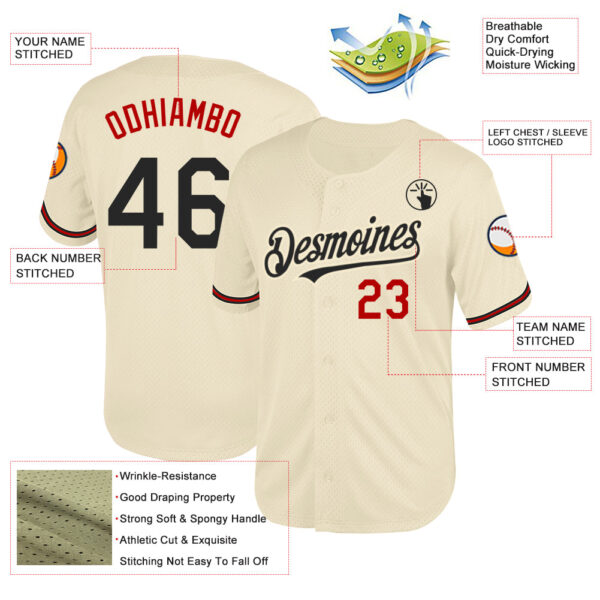 Custom Cream Black-Red Mesh Authentic Throwback Baseball Jersey