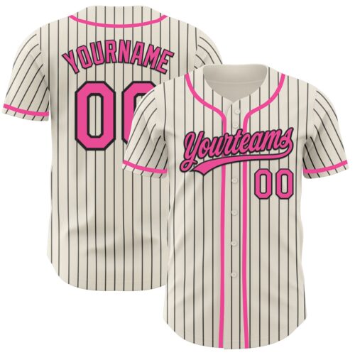 Cream0808_273c6e5a-bf2d-4f5e-a01c-3076e29be1d9 Custom Cream Black Pinstripe Pink Authentic Baseball Jersey