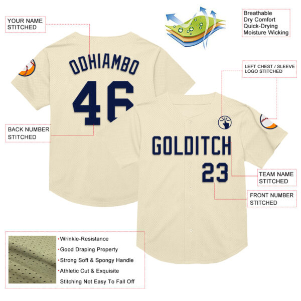 Custom Cream Navy Mesh Authentic Throwback Baseball Jersey