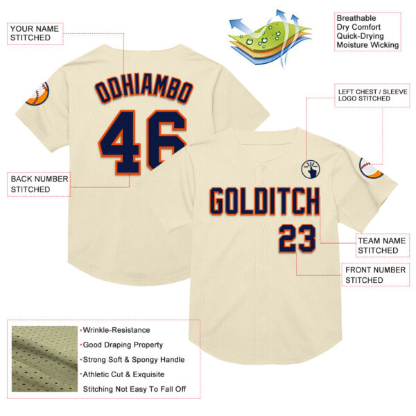 Custom Cream Navy-Orange Mesh Authentic Throwback Baseball Jersey