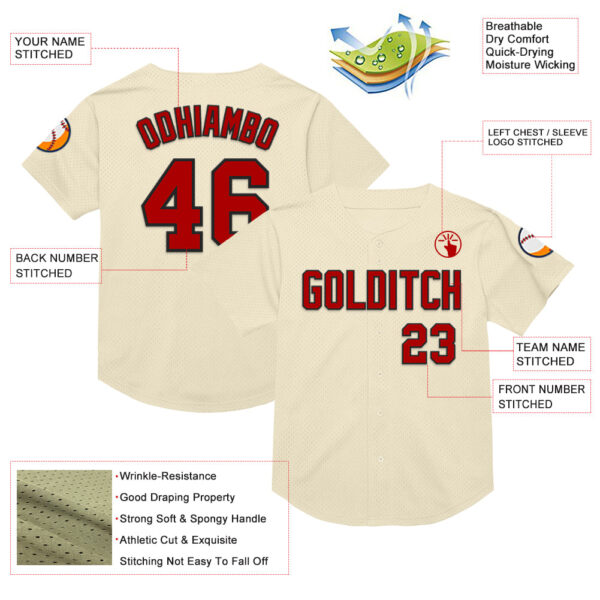Custom Cream Red-Black Mesh Authentic Throwback Baseball Jersey