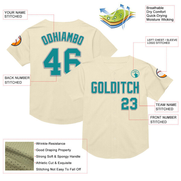 Custom Cream Teal-Gray Mesh Authentic Throwback Baseball Jersey