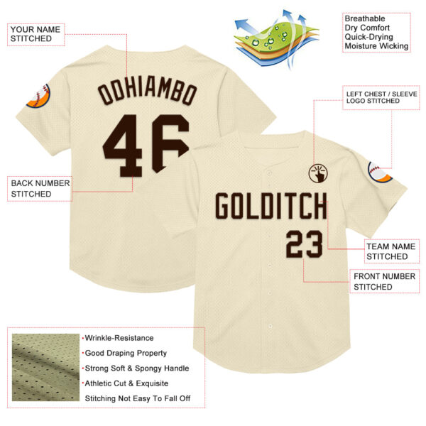 Custom Cream Brown Mesh Authentic Throwback Baseball Jersey