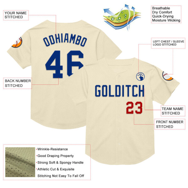 Custom Cream Royal-Red Mesh Authentic Throwback Baseball Jersey