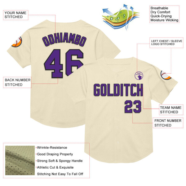 Custom Cream Purple-Black Mesh Authentic Throwback Baseball Jersey