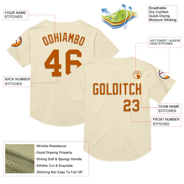 Custom Cream Texas Orange Mesh Authentic Throwback Baseball Jersey