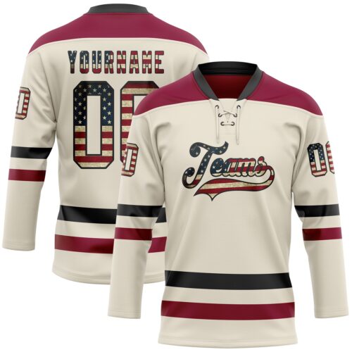 Cream0881 Custom Cream Vintage USA Flag Black-Maroon Hockey Lace Neck Jersey