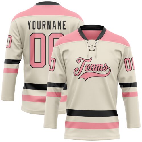 Cream0893 Custom Cream Medium Pink-Black Hockey Lace Neck Jersey