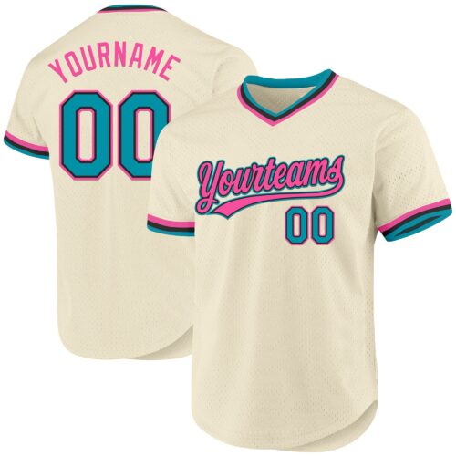 Cream0914 Custom Cream Teal Black-Pink Authentic Throwback Baseball Jersey