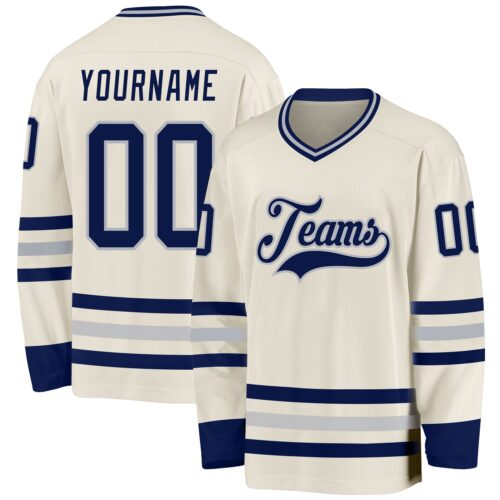 Cream0933 Custom Cream Navy-Gray Hockey Jersey