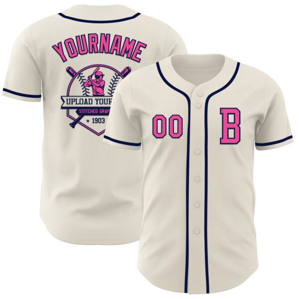 Custom Cream Pink-Navy Authentic Baseball Jersey