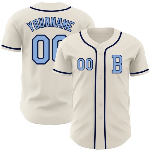 Cream0987_53cc7f15-6e44-4564-a941-685988627bc4 Custom Cream Light Blue-Navy Authentic Baseball Jersey
