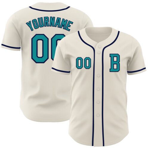 Cream0988_f26b64b8-9147-4ba3-a1fc-58bb9d3389e9 Custom Cream Teal-Navy Authentic Baseball Jersey