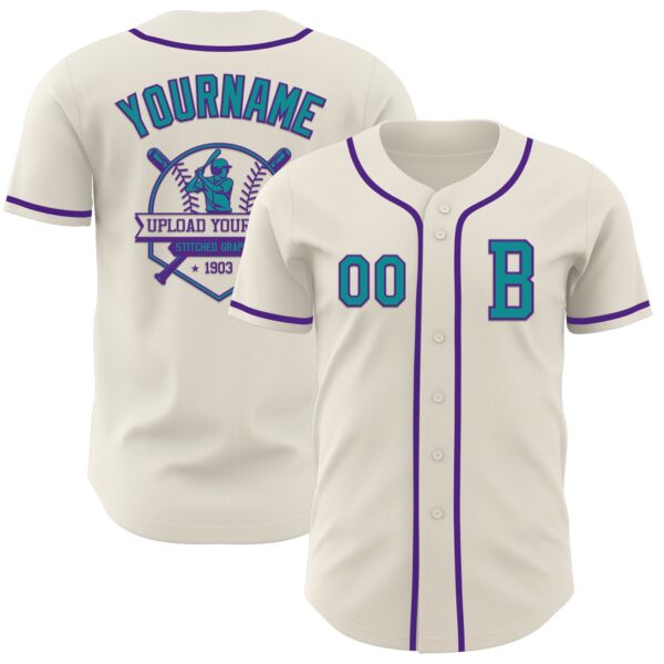 Custom Cream Teal-Purple Authentic Baseball Jersey