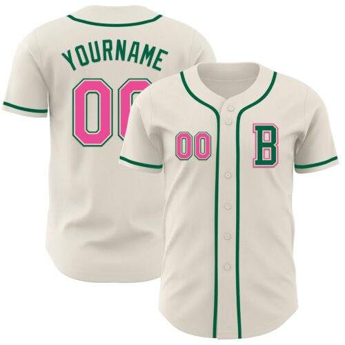 Cream1020_06410090-8664-4f99-8701-96c20c38e06f Custom Cream Pink-Kelly Green Authentic Baseball Jersey
