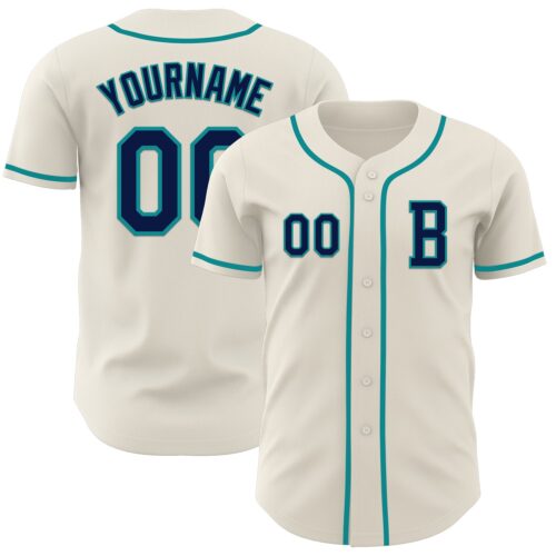 Cream1031_010fa6f3-531c-425a-b119-003019023ff2 Custom Cream Navy-Teal Authentic Baseball Jersey