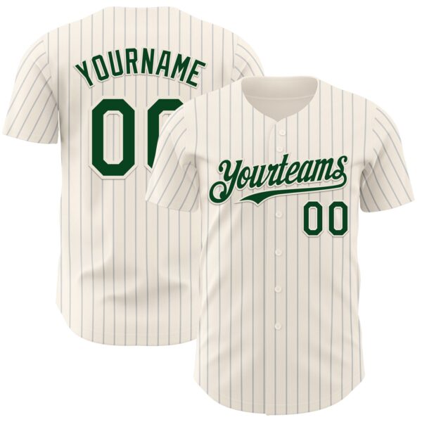 Custom Cream Gray Pinstripe Green Authentic Baseball Jersey