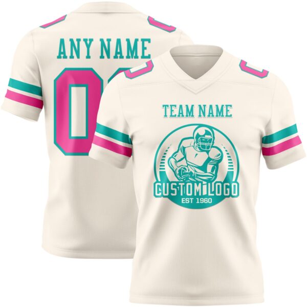 Custom Cream Pink-Aqua Authentic Football Jersey