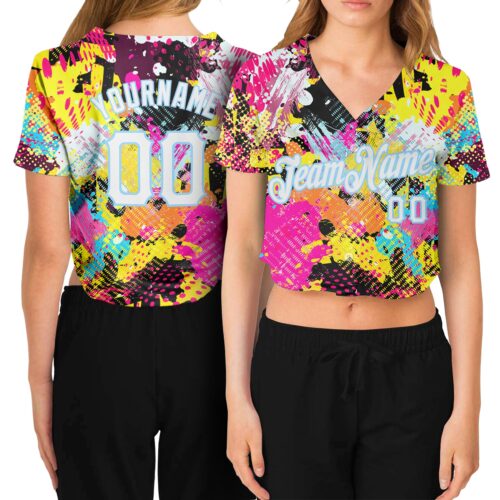 Cropped0003 Custom Women's Graffiti Pattern White-Light Blue Bright Psychedelic 3D V-Neck Cropped Baseball Jersey