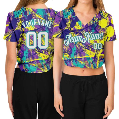 Cropped0005 Custom Women's Graffiti Pattern White-Aqua Abstract Urban 3D V-Neck Cropped Baseball Jersey
