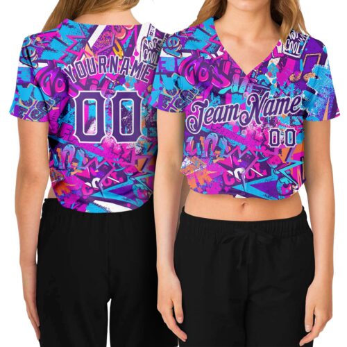 Cropped0007 Custom Women's Graffiti Pattern Purple-White Words 3D V-Neck Cropped Baseball Jersey