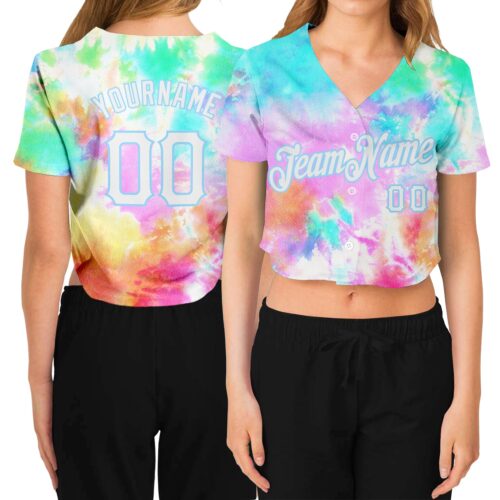 Cropped0008 Custom Women's Tie Dye White-Light Blue Rainbow 3D V-Neck Cropped Baseball Jersey