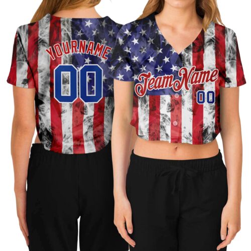 Cropped0034 Custom Women's White Royal-Red American Flag Fashion 3D V-Neck Cropped Baseball Jersey