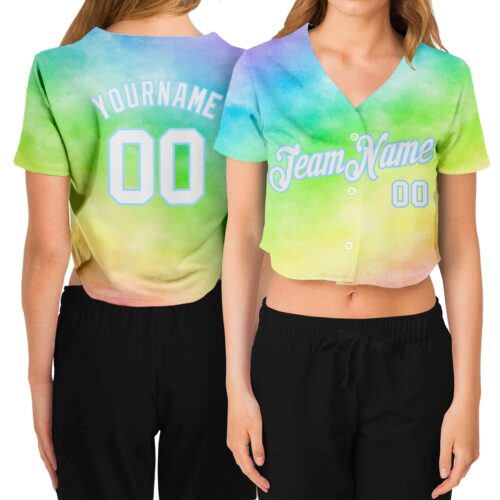 Cropped0045 Custom Women's Tie Dye White-Light Blue Rainbow 3D V-Neck Cropped Baseball Jersey