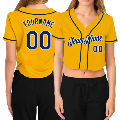 Cropped0227 Custom Women's Gold Royal-White V-Neck Cropped Baseball Jersey