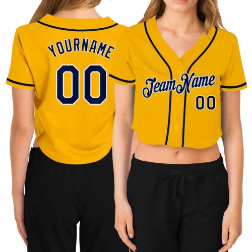 Cropped0228 Custom Women's Gold Navy-White V-Neck Cropped Baseball Jersey