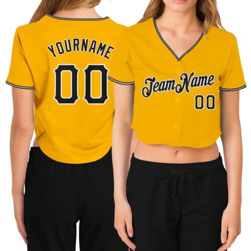 Cropped0229 Custom Women's Gold Black-White V-Neck Cropped Baseball Jersey