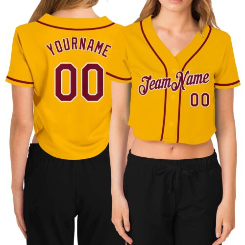 Cropped0231 Custom Women's Gold Crimson-White V-Neck Cropped Baseball Jersey