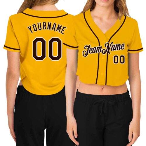 Cropped0232 Custom Women's Gold Brown-White V-Neck Cropped Baseball Jersey
