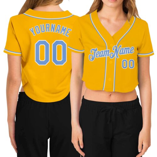 Cropped0233 Custom Women's Gold Light Blue-White V-Neck Cropped Baseball Jersey