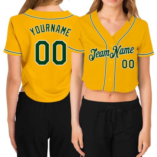 Cropped0234 Custom Women's Gold Green-White V-Neck Cropped Baseball Jersey